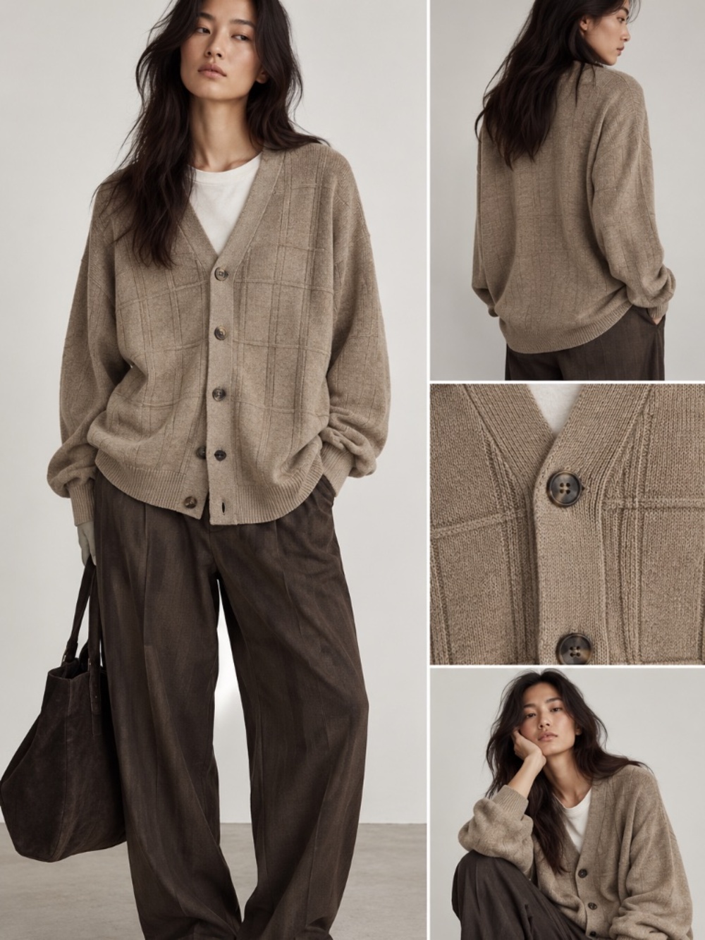 Oscar de la Renta Cotton Blend Oversized Grandpa Cardigan XL Taupe Check Knit